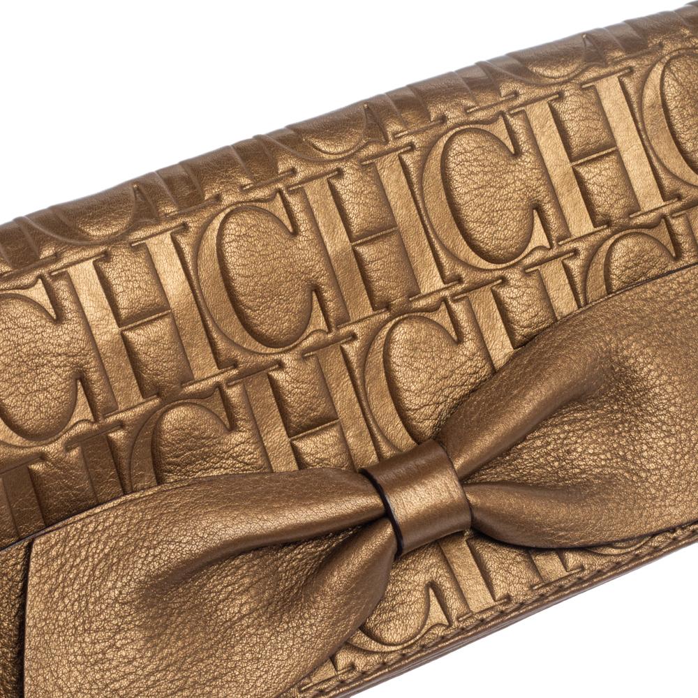 Carolina Herrera Gold Monogram Embossed Leather Bow Chain Clutch 8