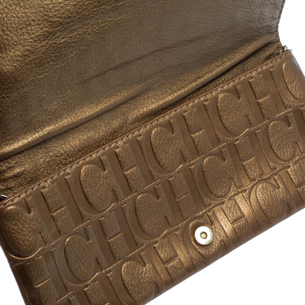 Carolina Herrera Gold Monogram Embossed Leather Bow Chain Clutch 1