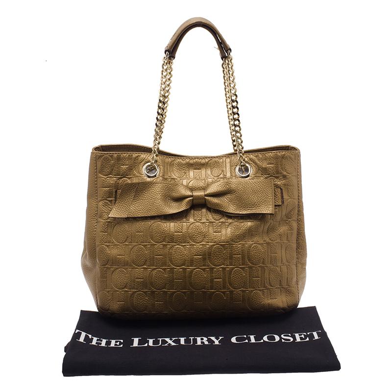 Carolina Herrera Gold Monogram Leather Audrey Tote Bag 9