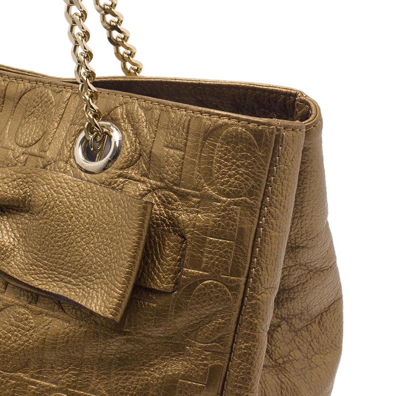 Women's Carolina Herrera Gold Monogram Leather Audrey Tote Bag