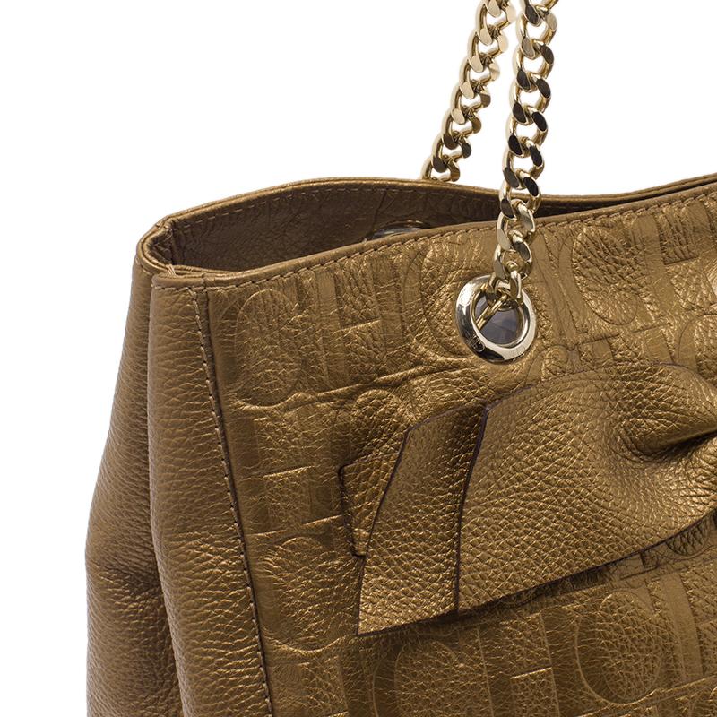Carolina Herrera Gold Monogram Leather Audrey Tote Bag 1