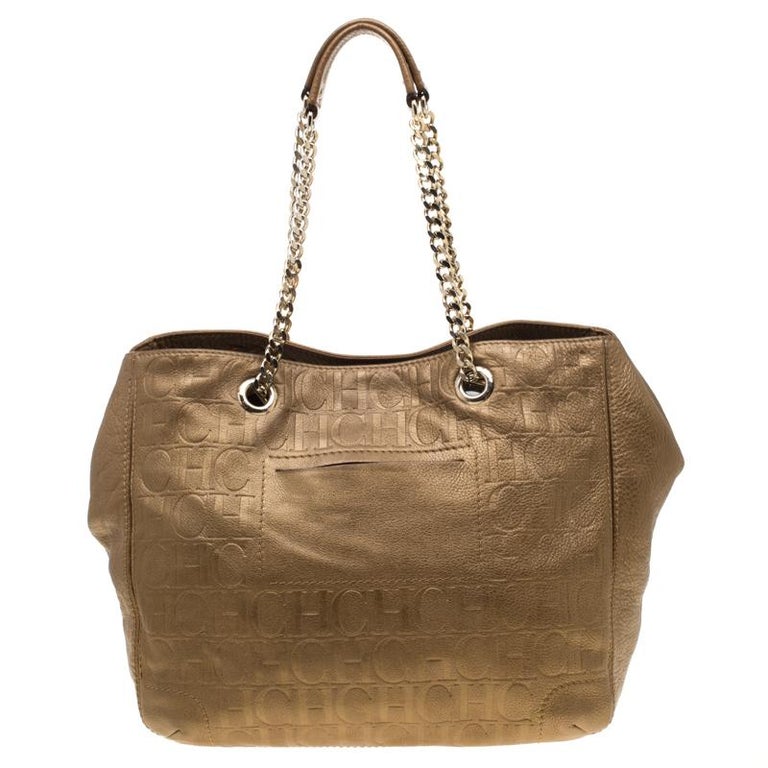 Carolina Herrera Gold Monogram Leather Audrey Tote For Sale at 1stDibs