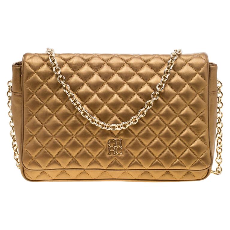 Carolina Herrera Gold Quilted Leather Flap Chain Shoulder Bag For Sale at 1stDibs
