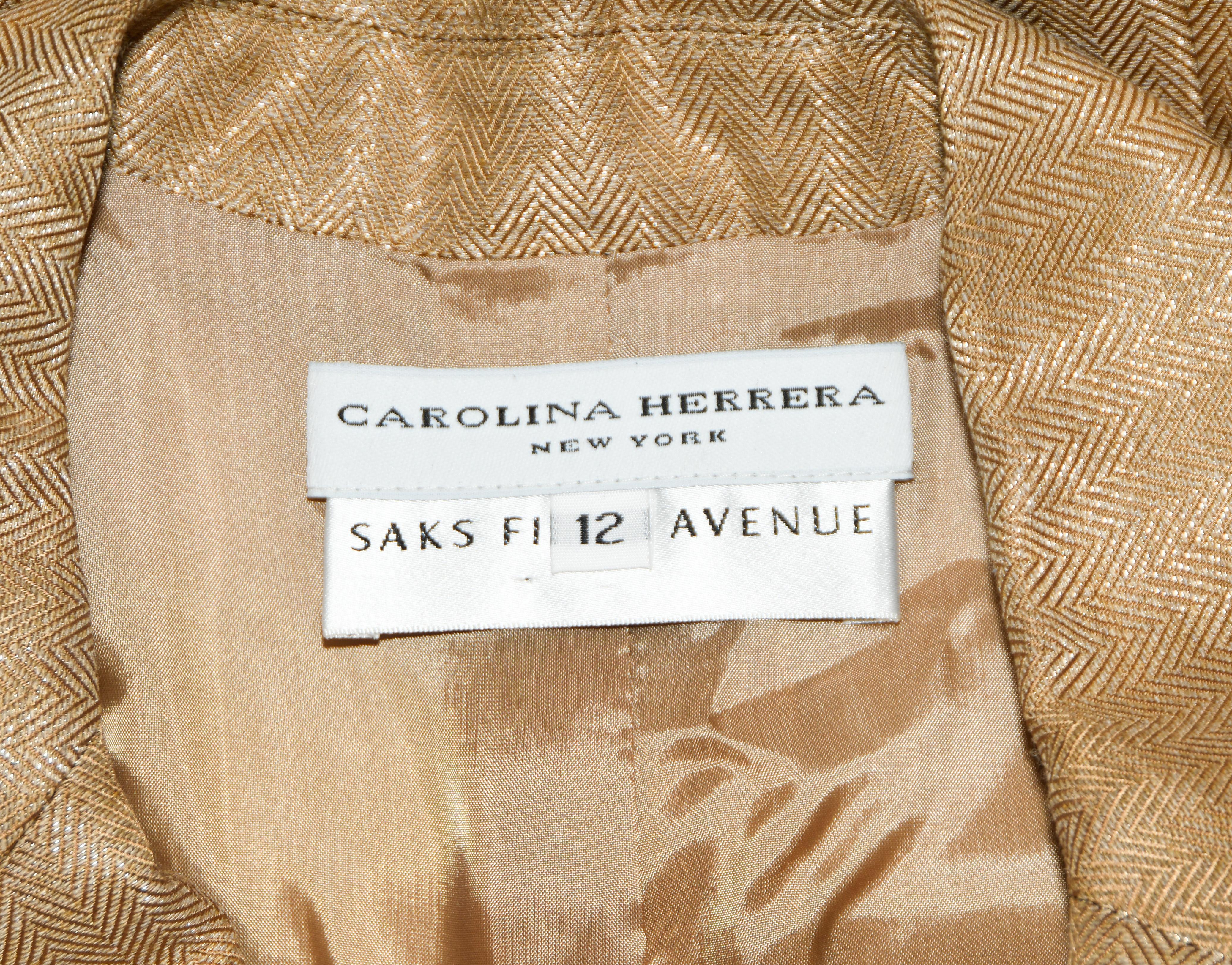 Carolina Herrera Gold Tone Herringbone Print Jacket Size 12 US For Sale 1