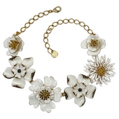 Carolina Herrera Gold Plate White Enamel Multi-Flower Black Crystal Bib Necklace Carolina Herrera Gold Plate White Enamel Multi-Flower Black Crystal Bib Necklace