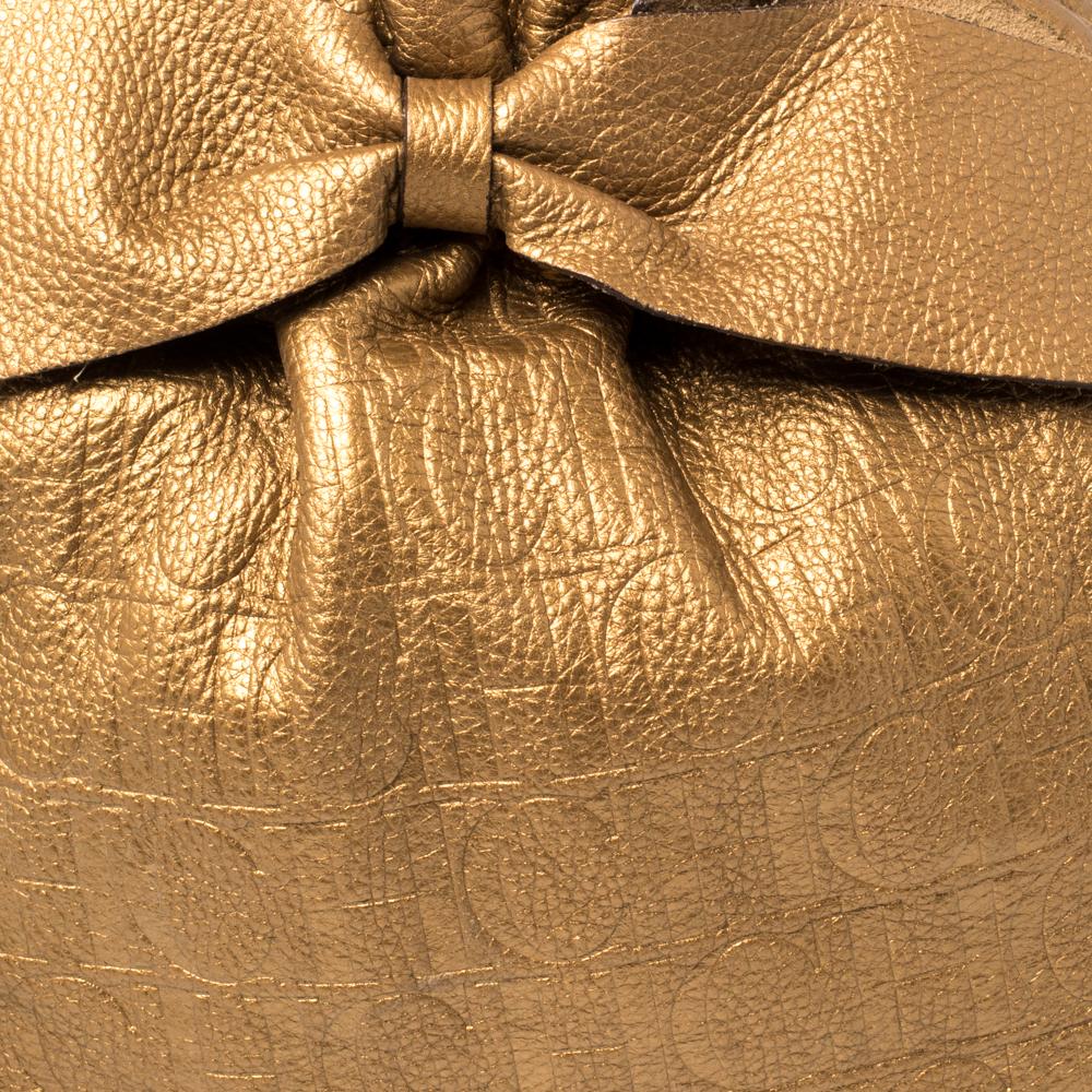 Carolina Herrera Golden Brown Embossed Leather Bow Bucket Shoulder Bag 3