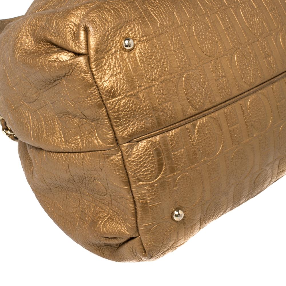 Carolina Herrera Golden Brown Embossed Leather Bow Bucket Shoulder Bag In Fair Condition In Dubai, Al Qouz 2