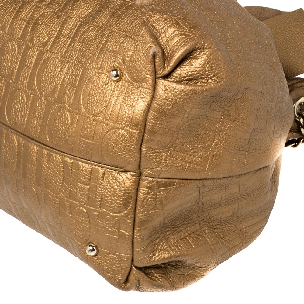 Carolina Herrera Golden Brown Embossed Leather Bow Bucket Shoulder Bag 2