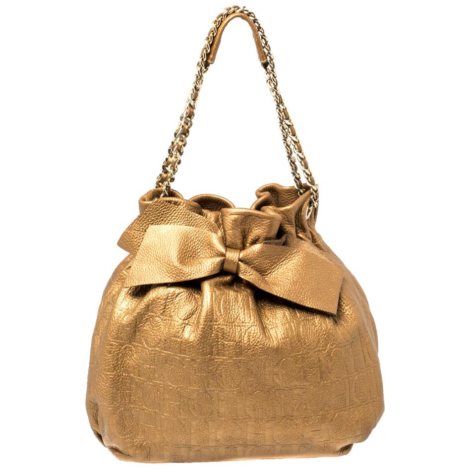 Carolina Herrera Golden Brown Embossed Leather Bow Bucket Shoulder Bag