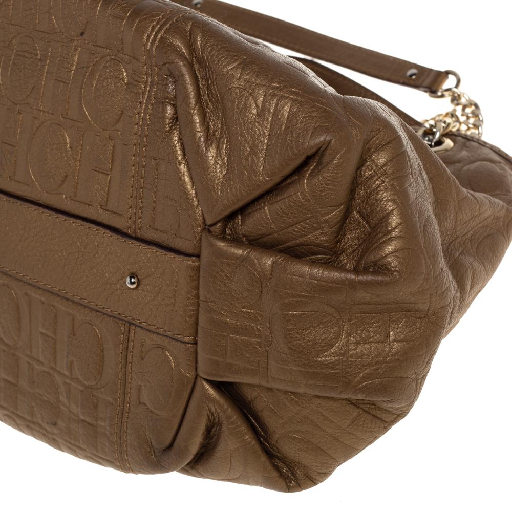 Carolina Herrera Golden Brown Monogram Embossed Leather Tassel Hobo For Sale 3