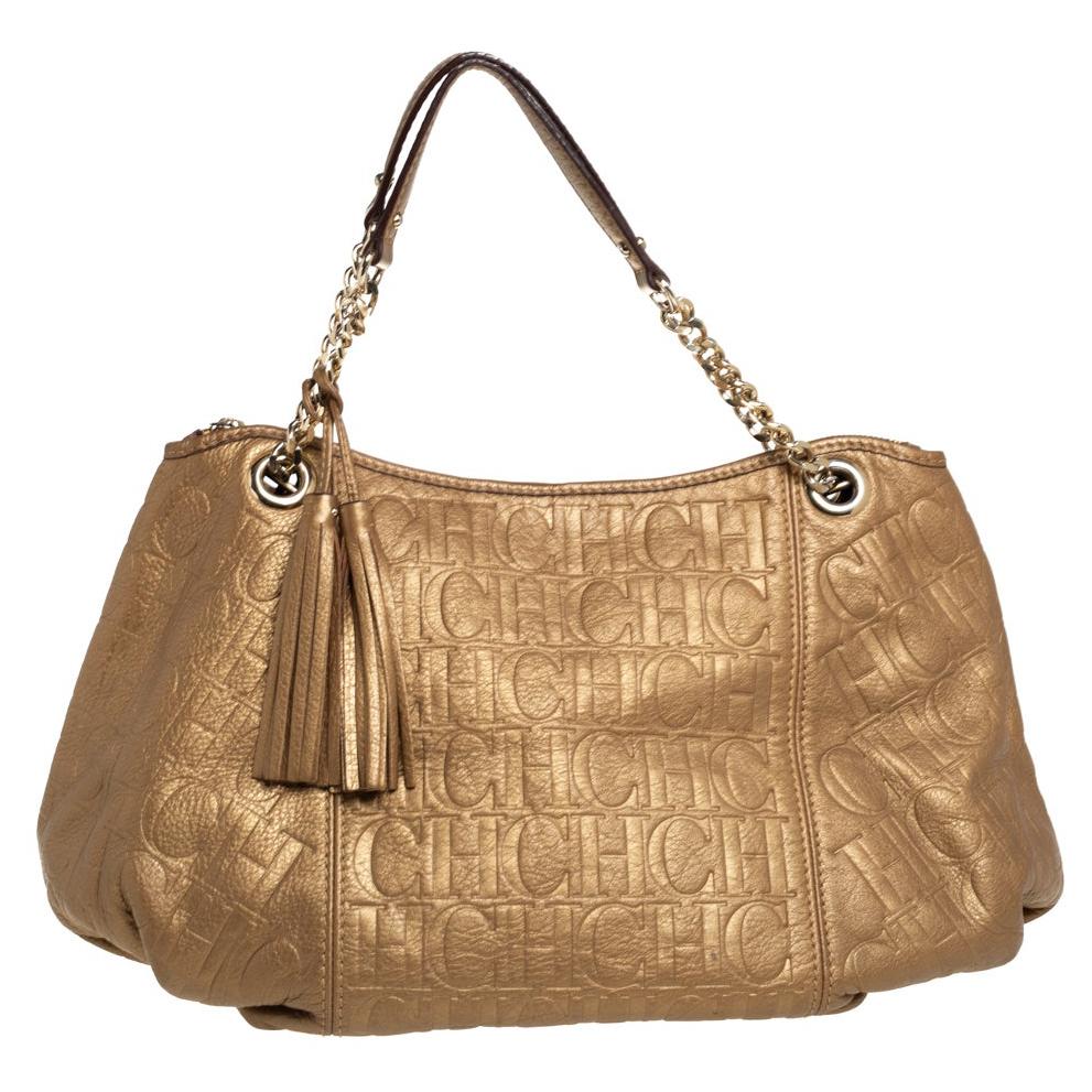 Carolina Herrera Golden Brown Monogram Embossed Leather Tassel Hobo For Sale