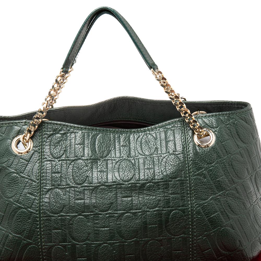 Carolina Herrera Bolso verde de asa de cadena de piel con monograma en relieve 2