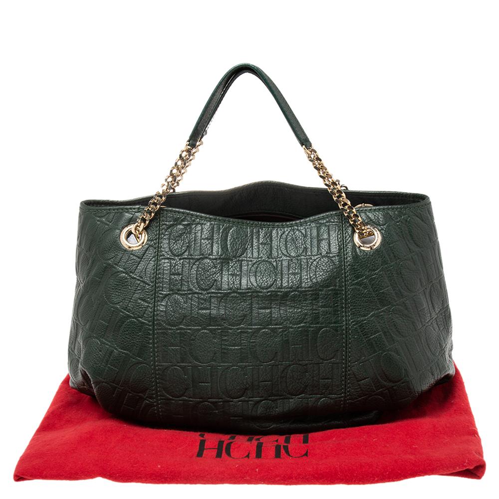 Carolina Herrera Bolso verde de asa de cadena de piel con monograma en relieve 3