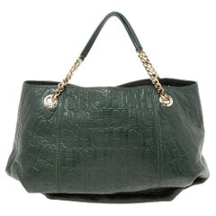 Carolina Herrera Green Monogram Embossed Leather Chain Handle Tote