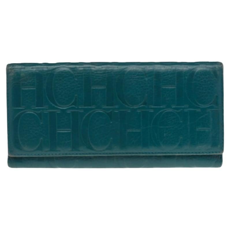 Carolina Herrera Green Monogram Embossed Leather Flap Continental Wallet