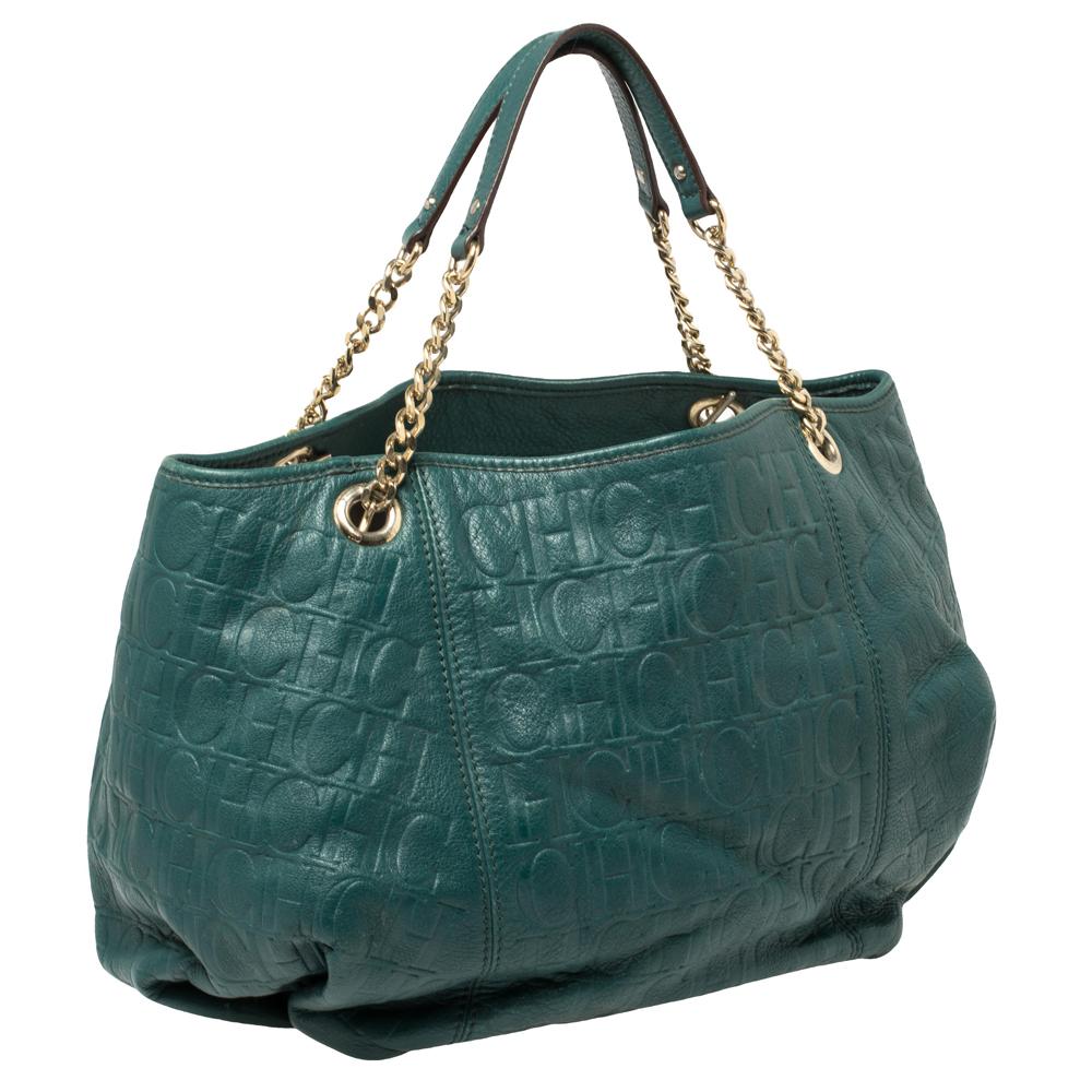 Women's Carolina Herrera Green Monogram Leather Chain Hobo