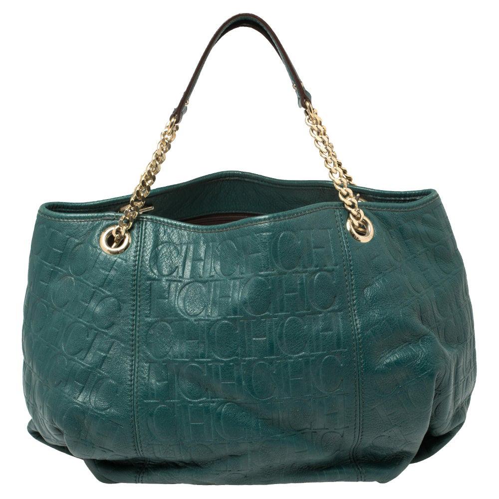 Carolina Herrera Green Monogram Leather Chain Hobo