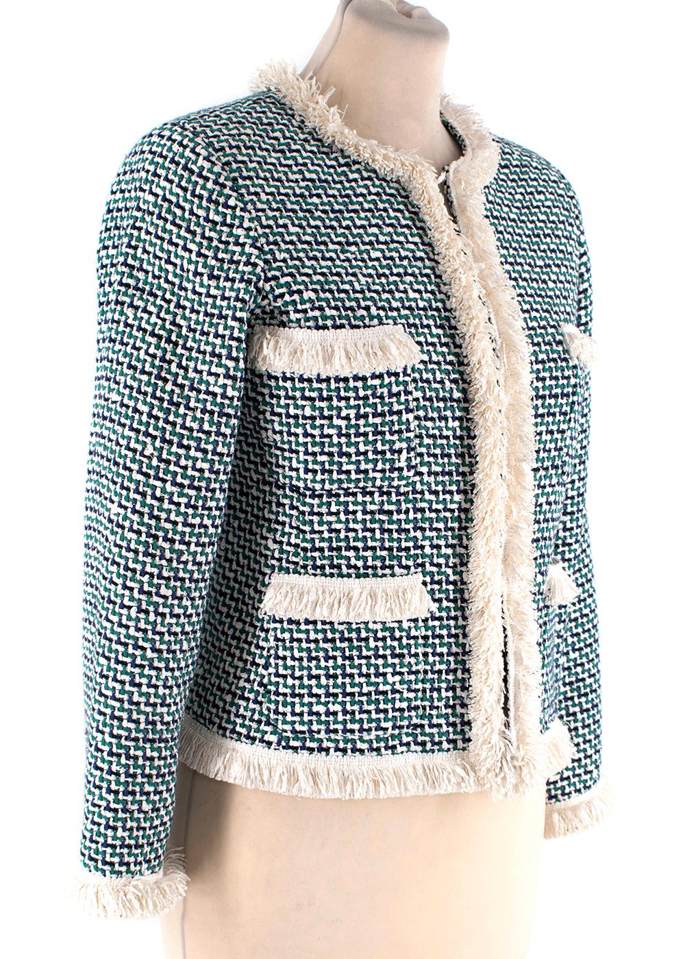 Carolina Herrera Green, Navy & Ivory Woven Raffia Jacket

- Tri-colour woven jacket in green, navy, and ivory 
- Raffia ivory trim
- Round neckline, hook&eye front closure
- 4 front patch pockets
- Padded shoulders 
- Fully