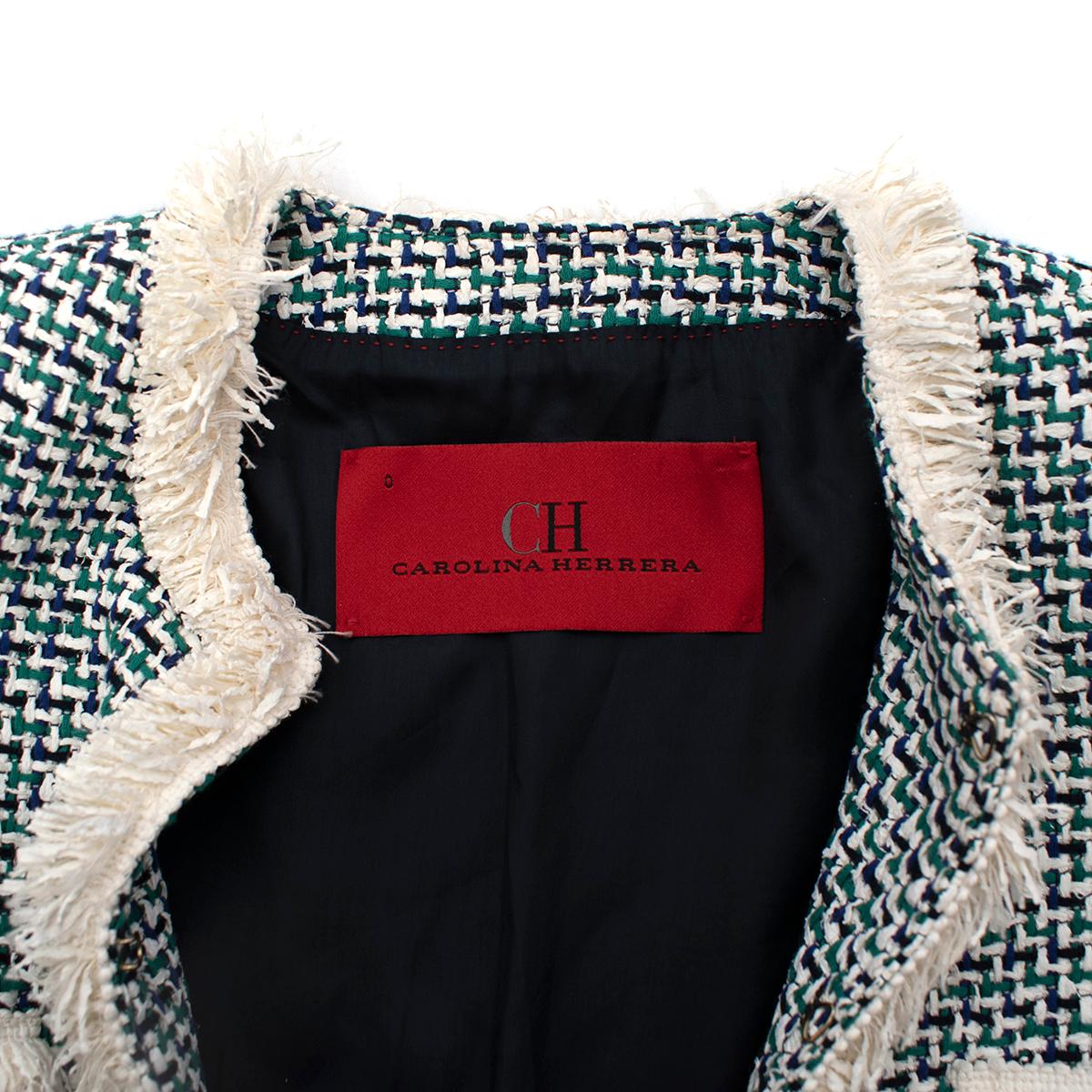 Carolina Herrera Green, Navy & Ivory Woven Raffia Jacket - US 0 In New Condition For Sale In London, GB
