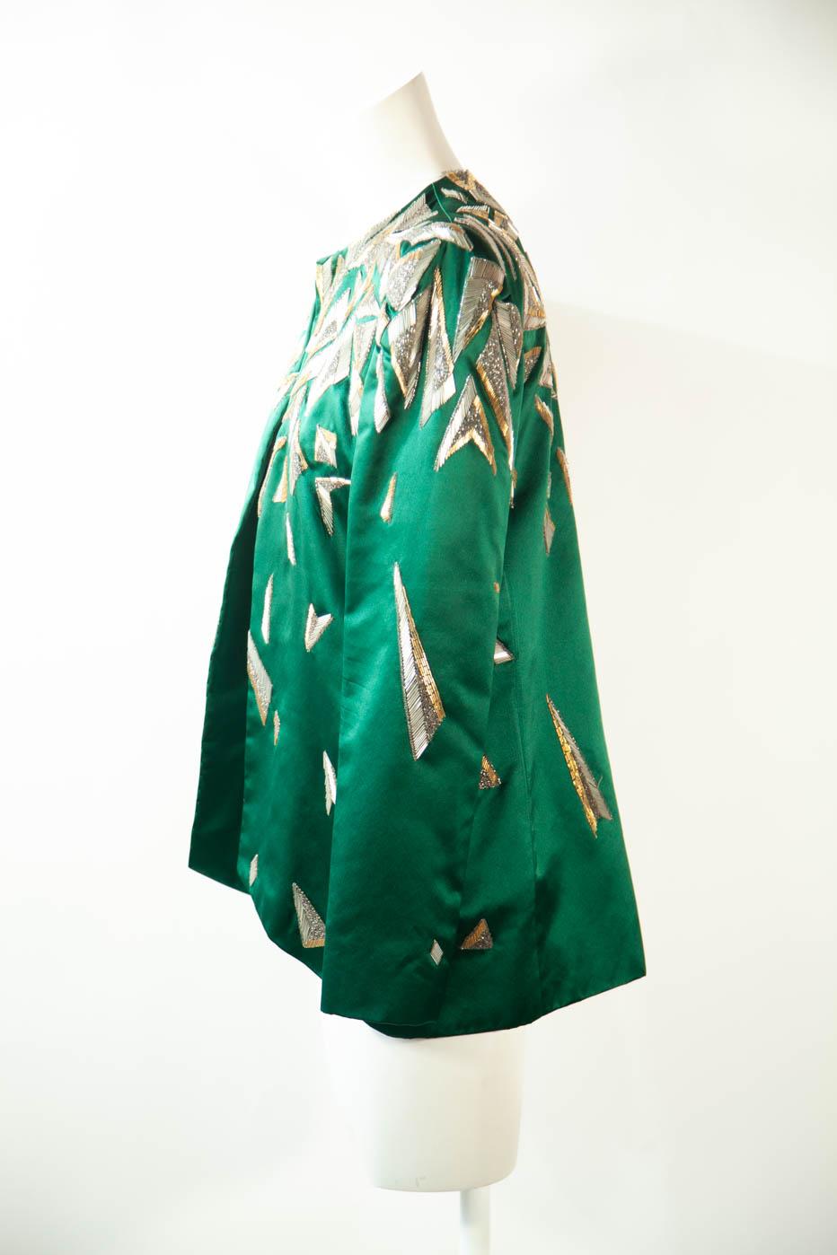 Black Carolina Herrera Green Silk Beaded Blazer  For Sale