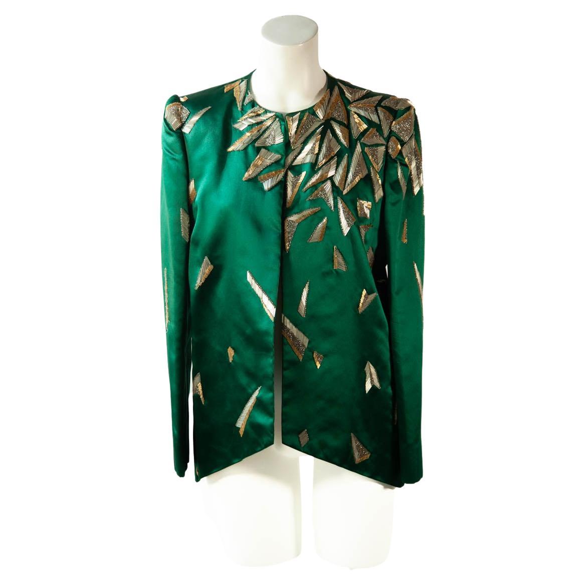 Carolina Herrera Green Silk Beaded Blazer  For Sale