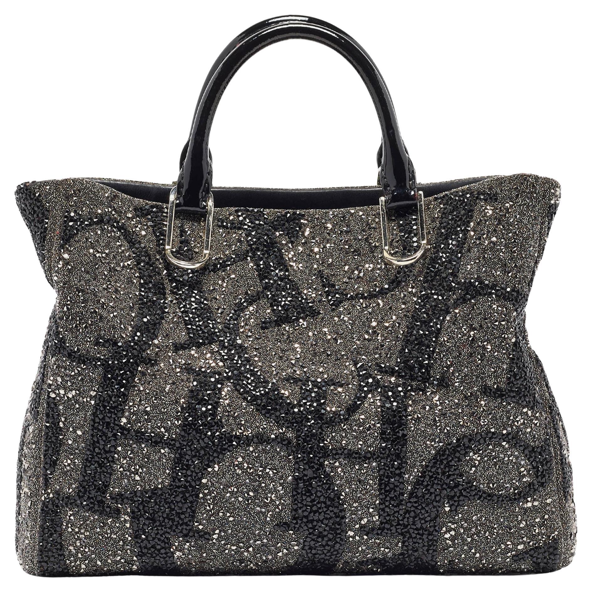 Carolina Herrera Grey/Black CH Crystals and Patent Leather Duchess Tote For Sale