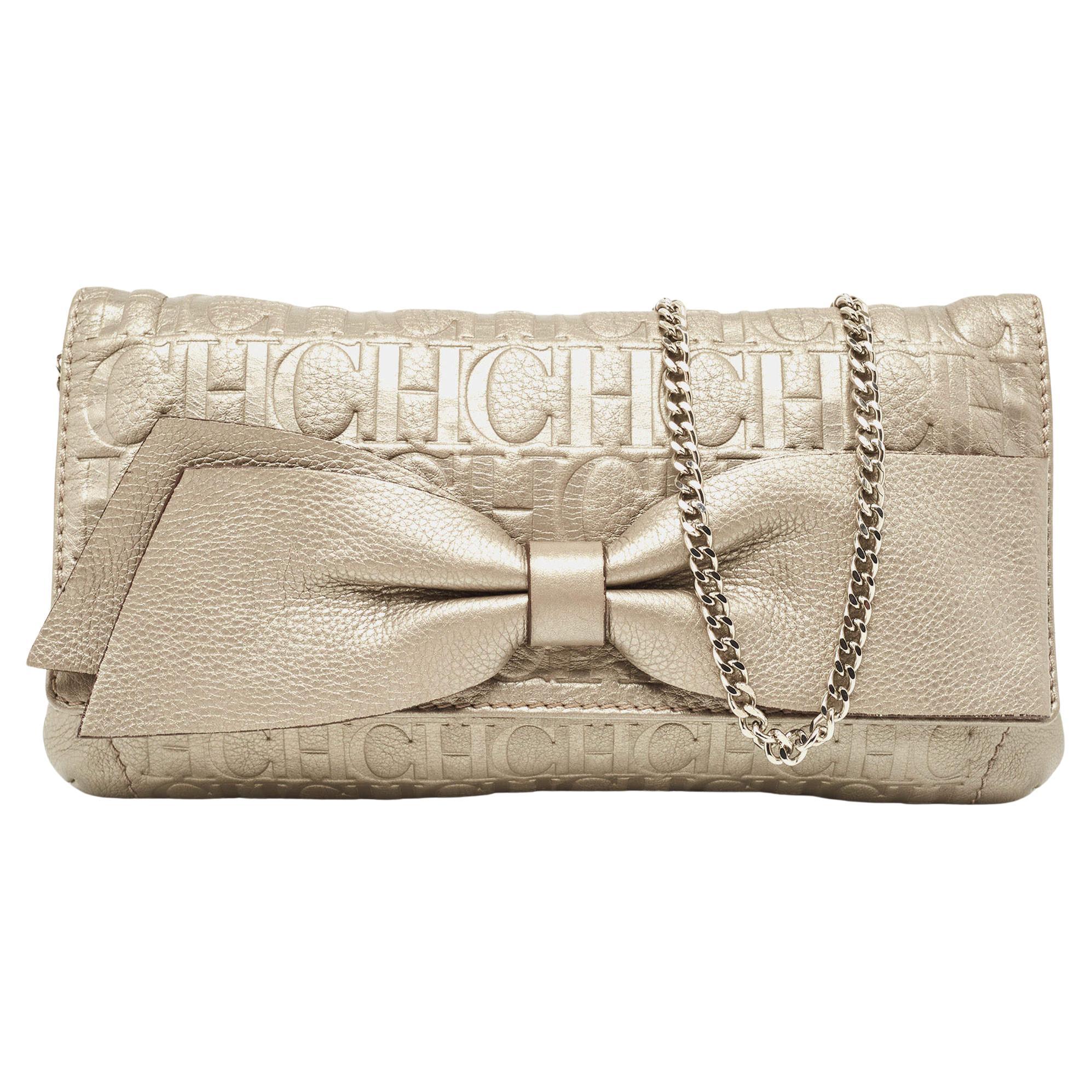 Carolina Herrera Grey Monogram Embossed Leather Bow Flap Chain Clutch
