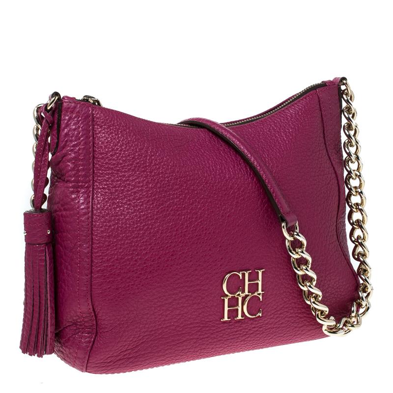 Carolina Herrera Hot Pink Leather Chain Tassel Shoulder Bag In Good Condition In Dubai, Al Qouz 2