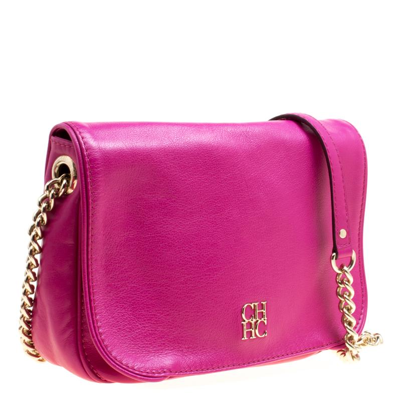 Carolina Herrera Hot Pink Leather New Baltazar Flap Shoulder Bag In Excellent Condition In Dubai, Al Qouz 2