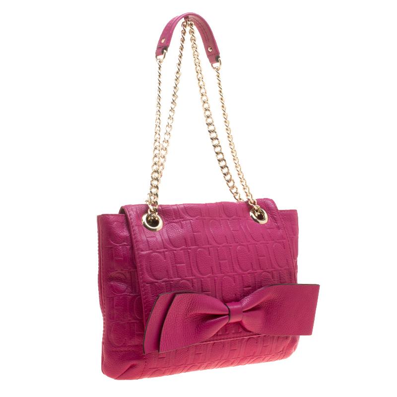 Carolina Herrera Hot Pink Monogram Leather Audrey Shoulder Bag In New Condition In Dubai, Al Qouz 2