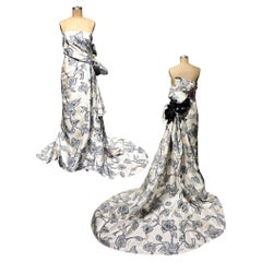 Carolina Herrera Ivory Silk Rose Fil Coupé Gown with Custom Bow + Velvet Flowers