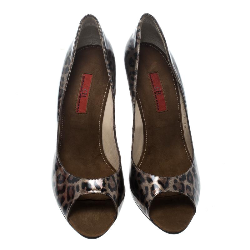 Black Carolina Herrera Leopard Print Leather Peep Toe Pumps Size 39