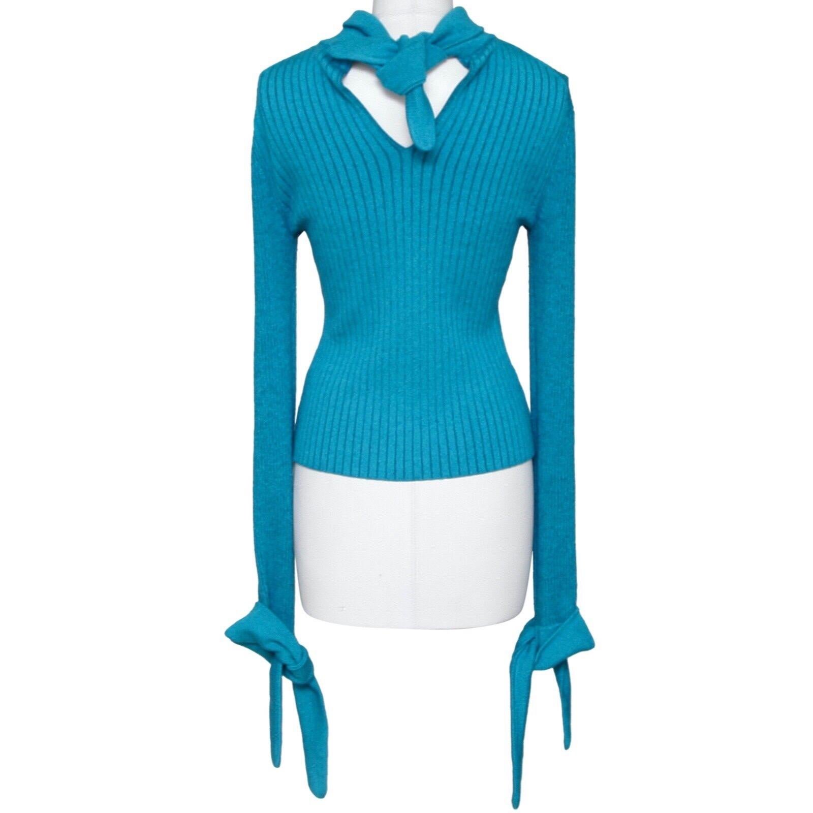 CAROLINA HERRERA Long Sleeve Knit Sweater Blue Mock Neck Sash Tie Sz M 1