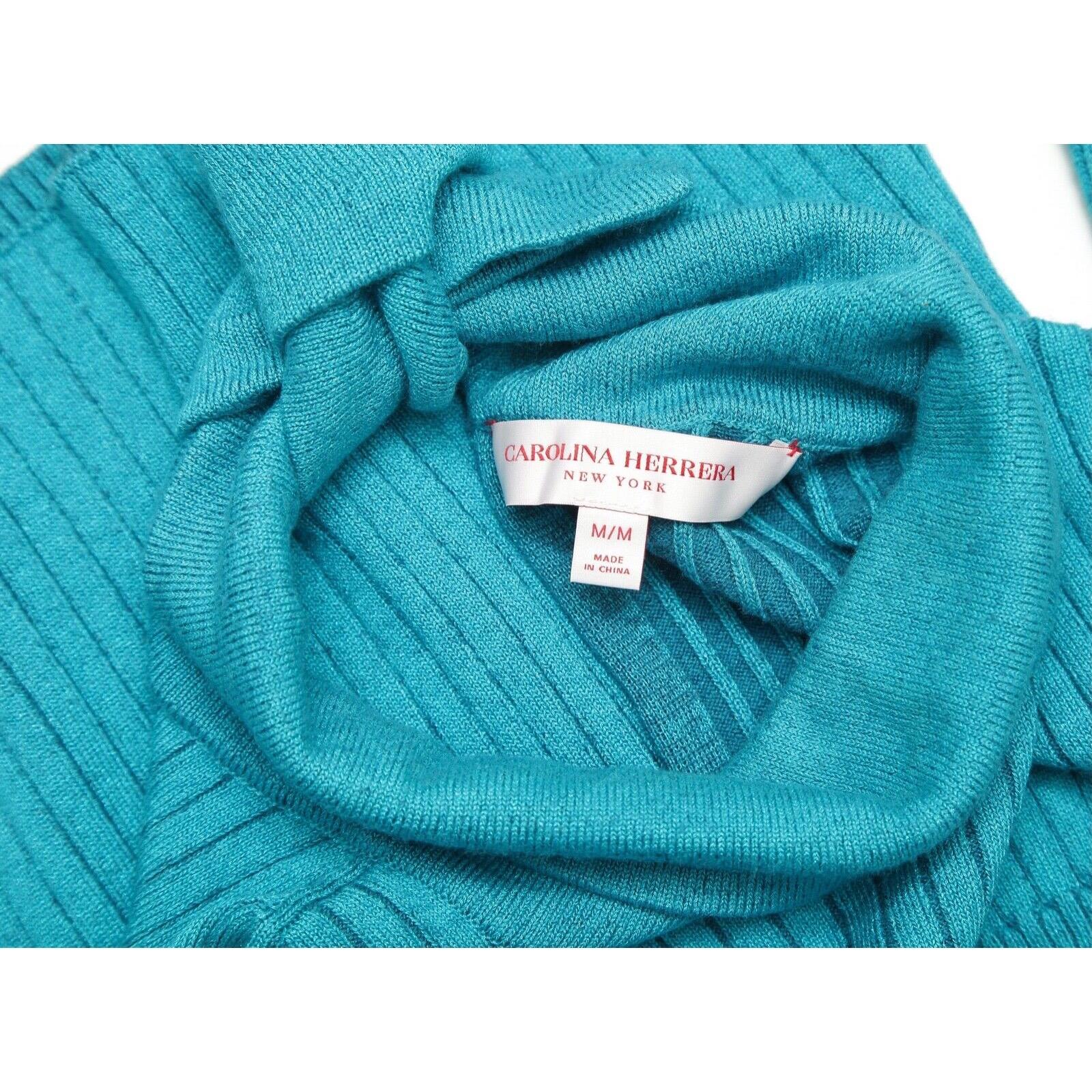CAROLINA HERRERA Long Sleeve Knit Sweater Blue Mock Neck Sash Tie Sz M 2