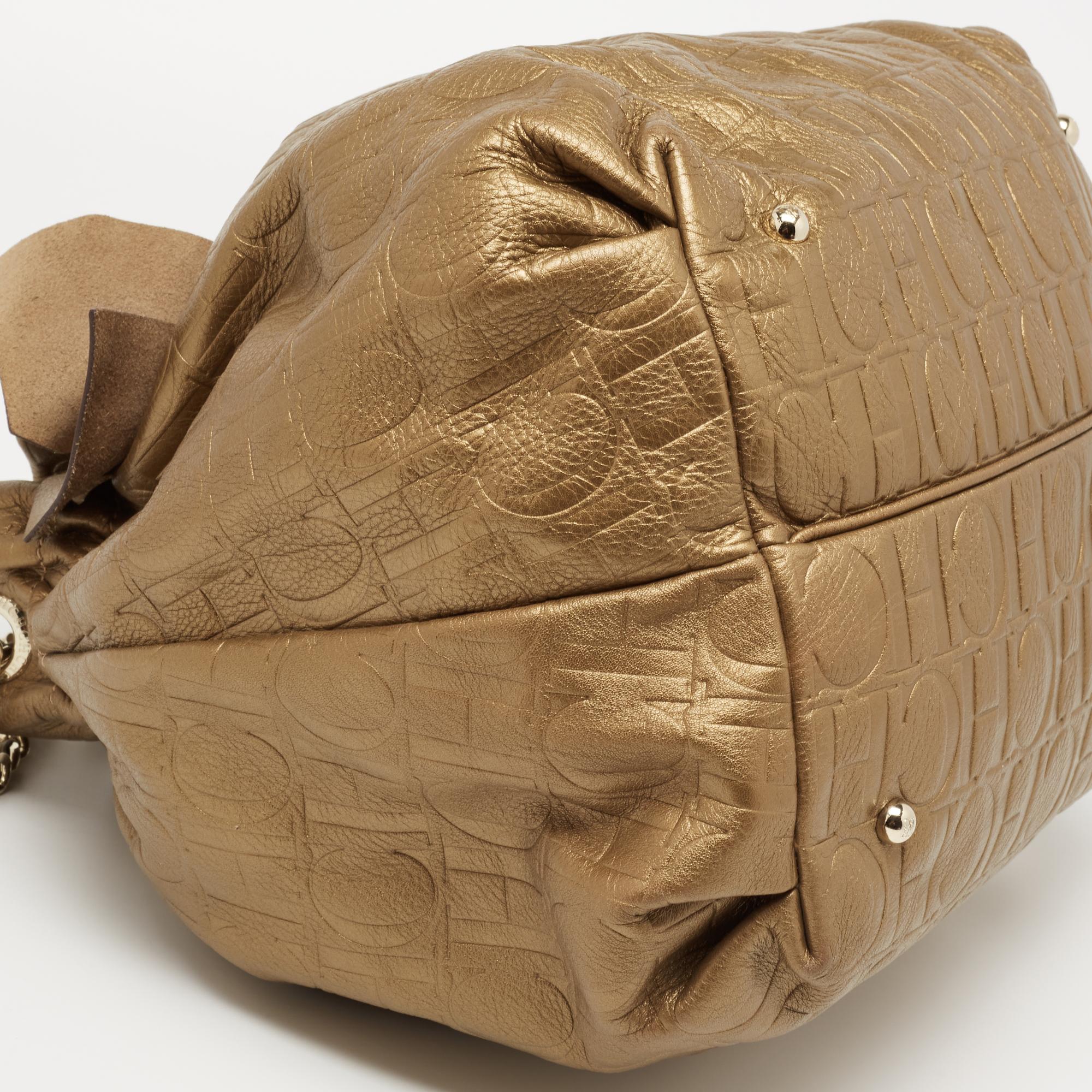 Carolina Herrera Metallic Bronze Embossed Leather Bow Bucket Shoulder Bag 2