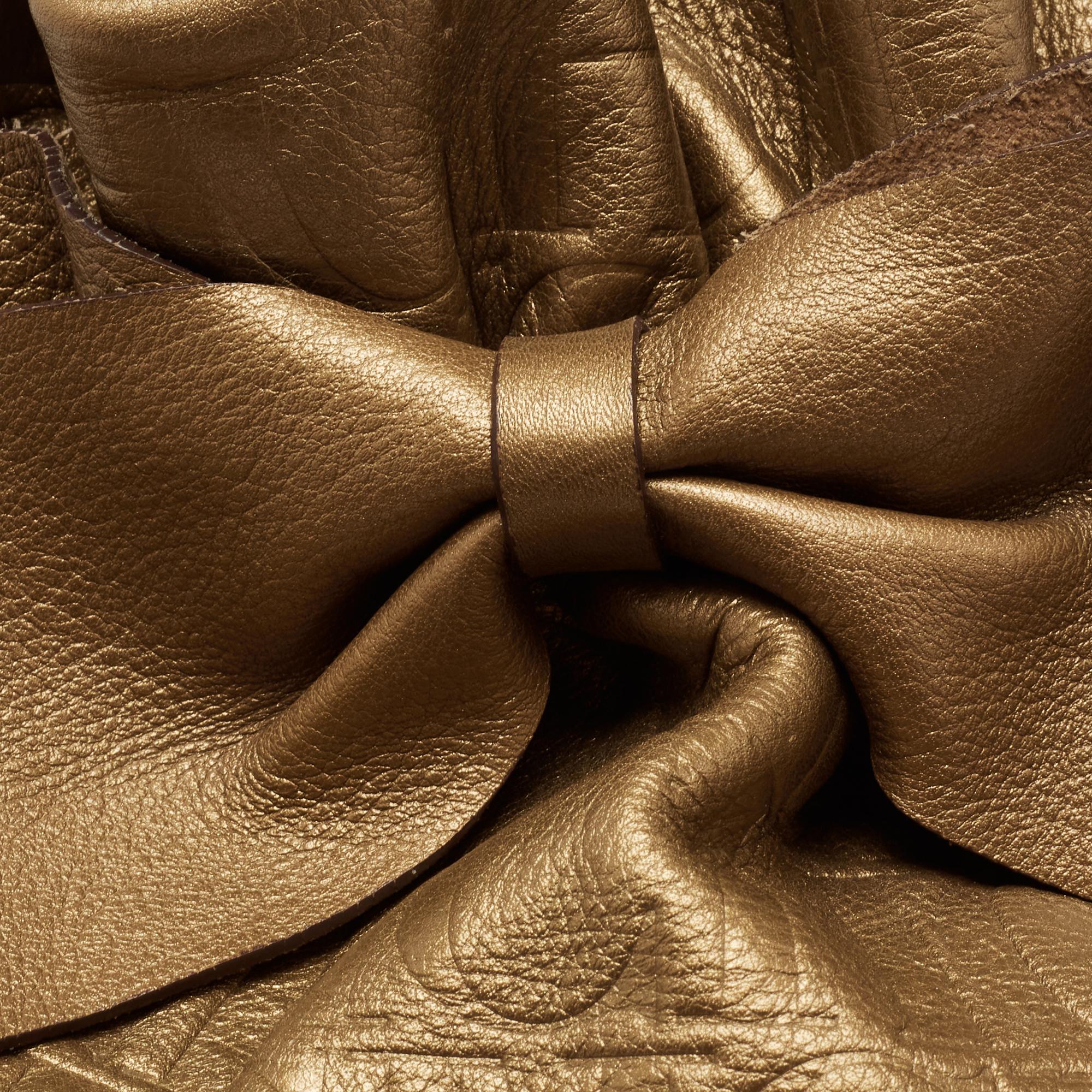Brown Carolina Herrera Metallic Bronze Embossed Leather Bow Bucket Shoulder Bag