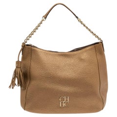 Carolina Herrera Metallic Gold Grained Leather Chain Tassel Hobo