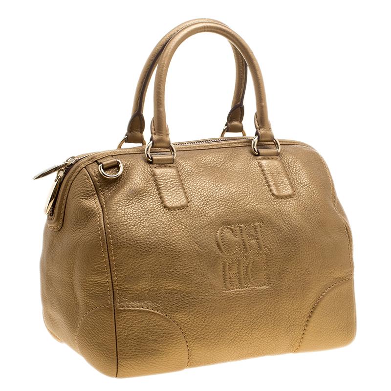 Carolina Herrera Metallic Gold Leather Satchel In Good Condition In Dubai, Al Qouz 2