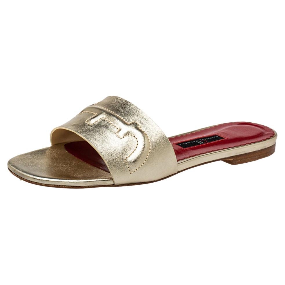 Carolina Herrera Metallic Gold Leather Slide Sandals Size 38