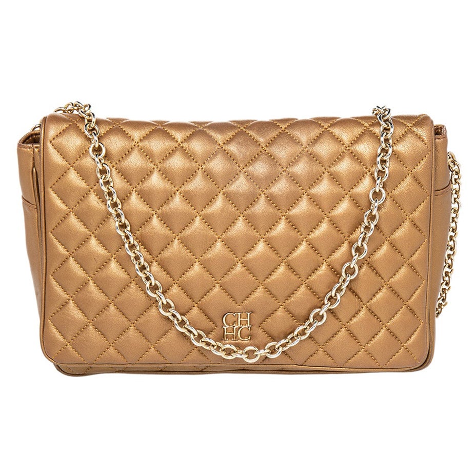 Carolina Herrera Metallic Gold gesteppte Leder-Umhängetasche mit Kettenklappe