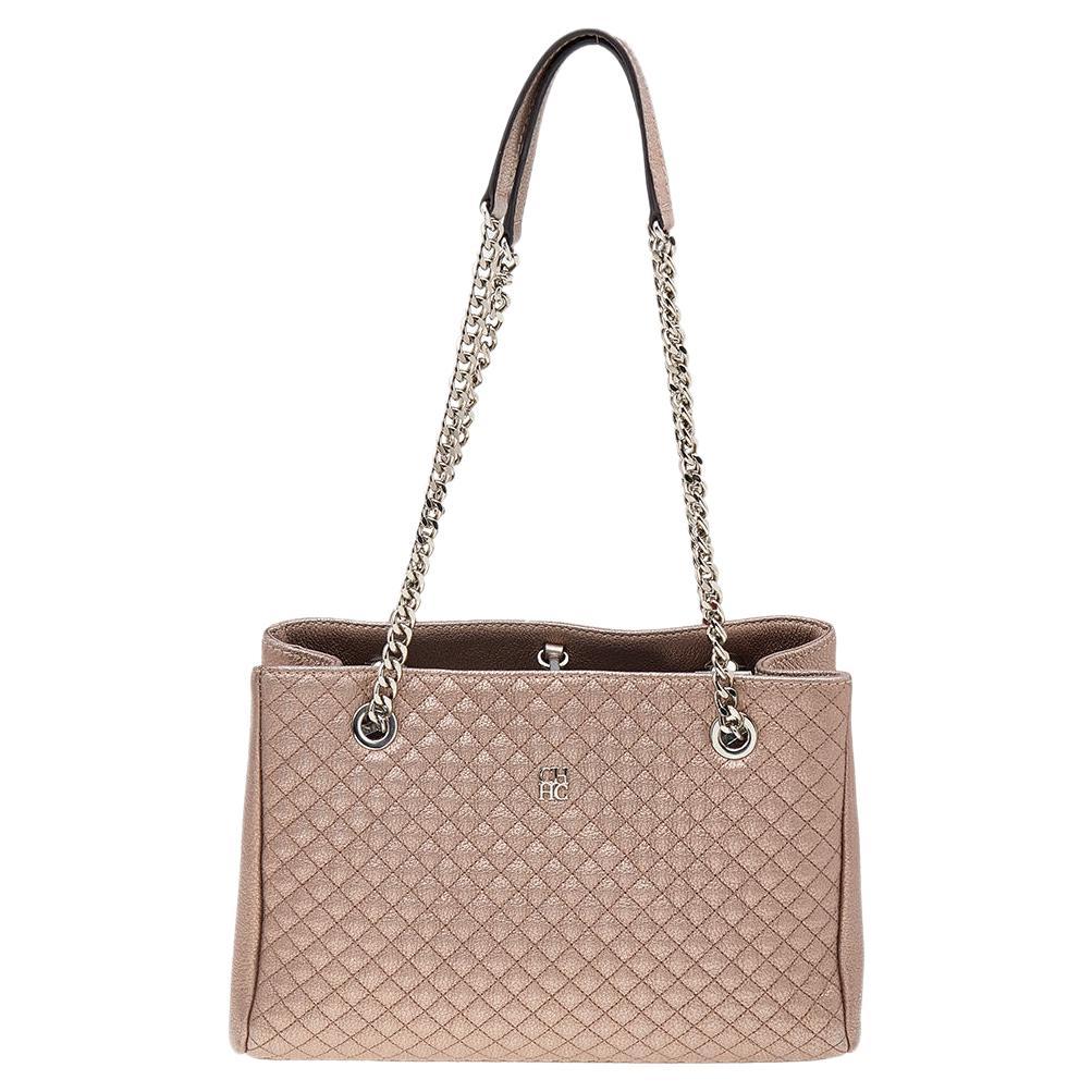 Carolina Herrera Metallic Rose Gold Micro Quilted Leather Chain Tote