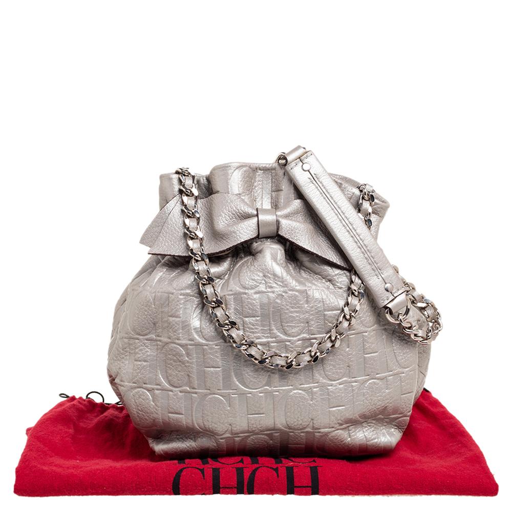 Carolina Herrera Metallic Silver Embossed Leather Bow Bucket Bag 5