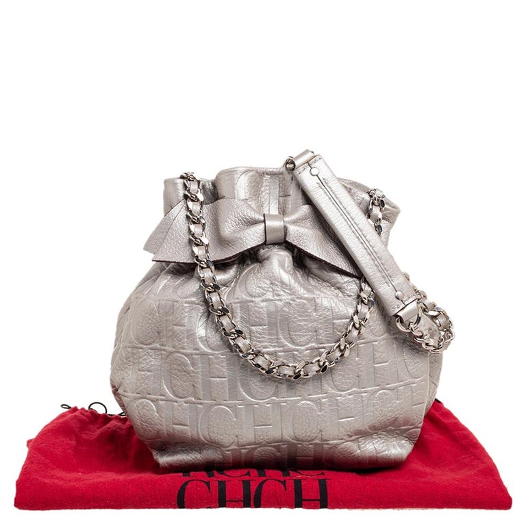 Carolina Herrera Metallic Silver Embossed Leather Bow Bucket Bag