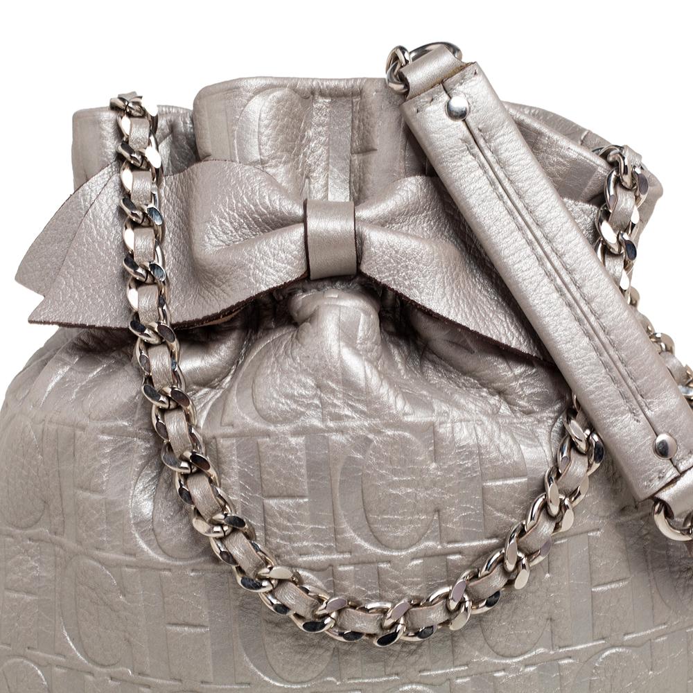 Carolina Herrera Metallic Silver Embossed Leather Bow Bucket Bag 2