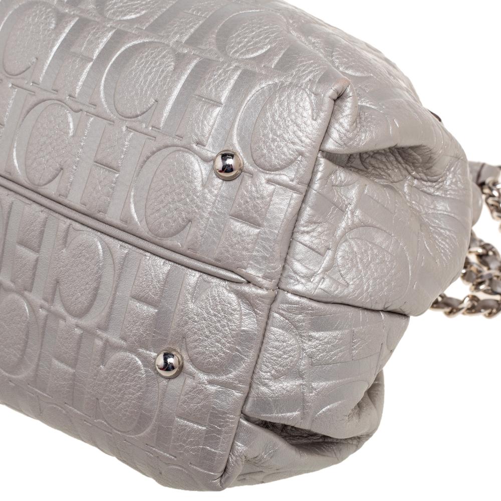 Carolina Herrera Metallic Silver Embossed Leather Bow Bucket Bag 3