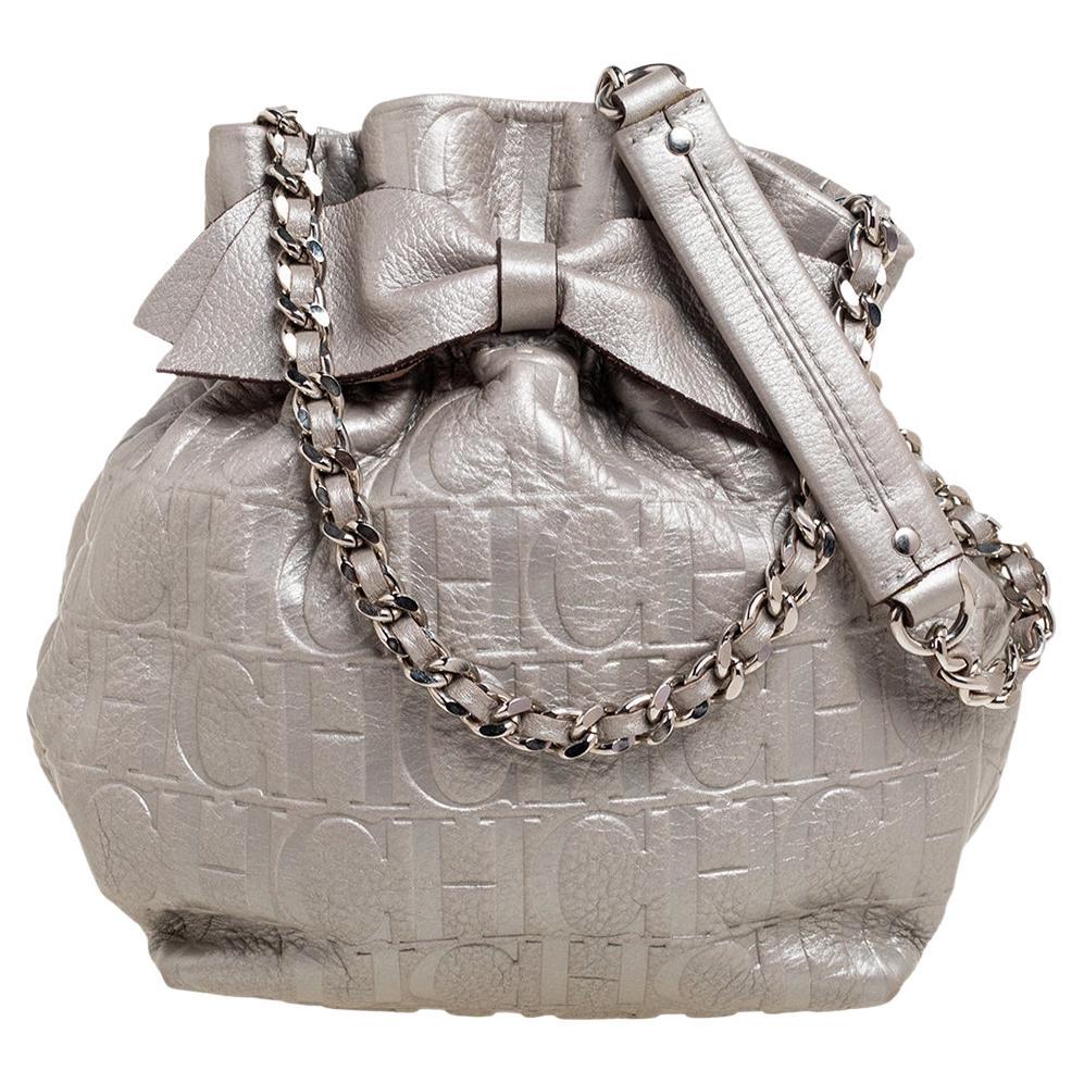 Carolina Herrera Metallic Silver Embossed Leather Bow Bucket Bag