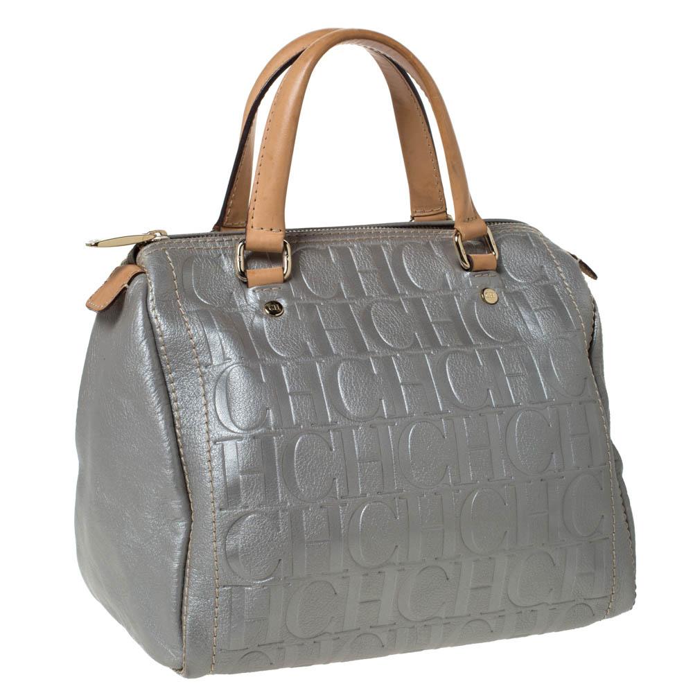 Carolina Herrera Metallic Silber Monogramm Geprägtes Leder Andy Boston Tasche Damen