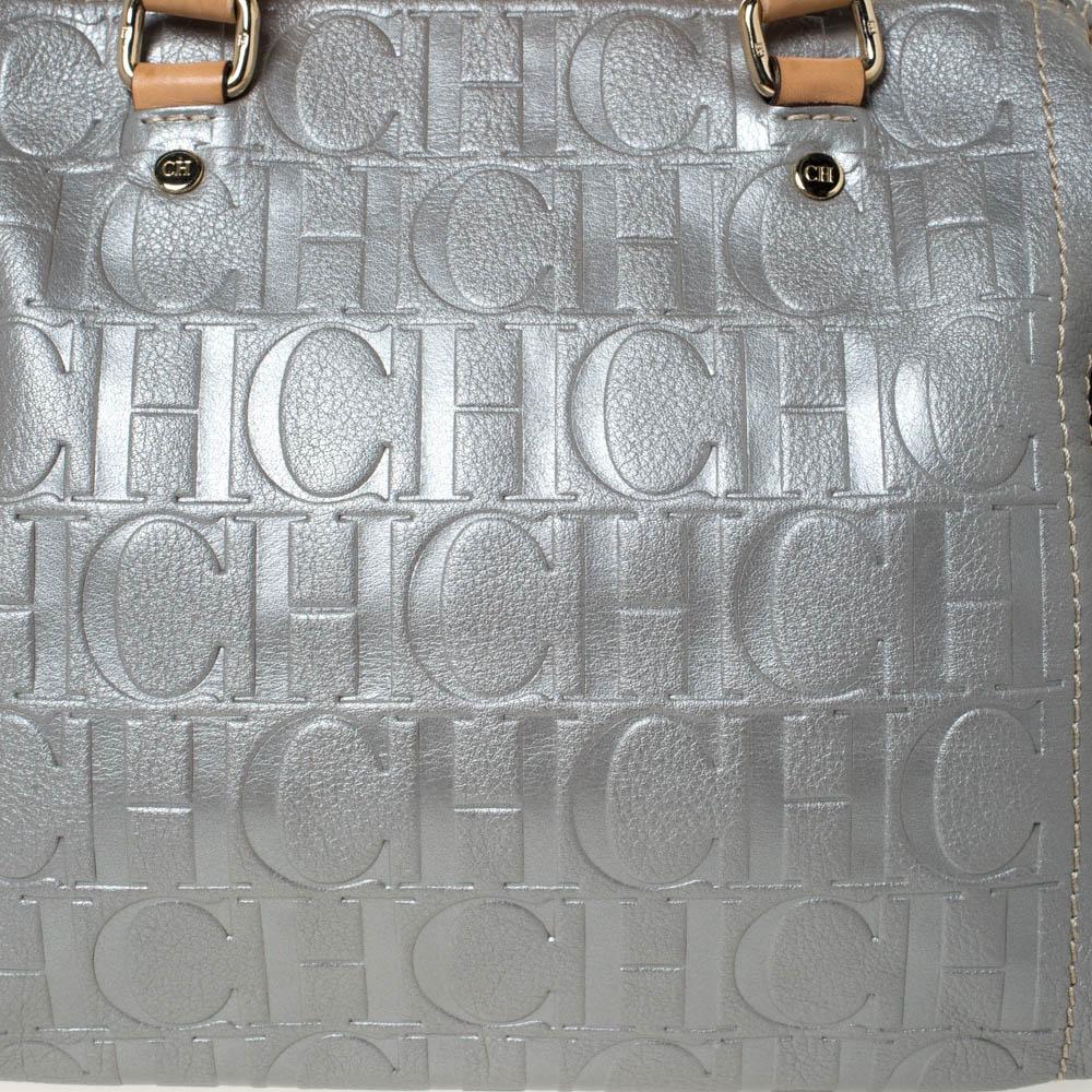 Carolina Herrera Metallic Silber Monogramm Geprägtes Leder Andy Boston Tasche 5