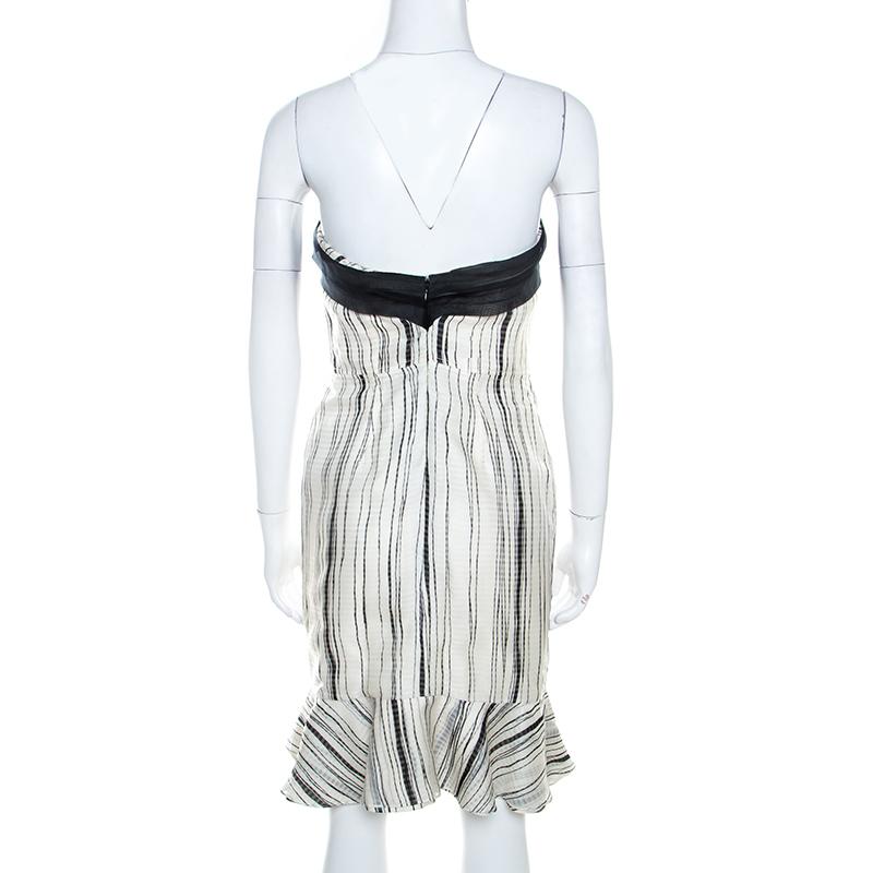 Gray Carolina Herrera Monochrome Irregular Striped Silk Strapless Flounce Dress S