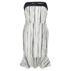 Carolina Herrera Monochrome Irregular Striped Silk Strapless Flounce Dress S